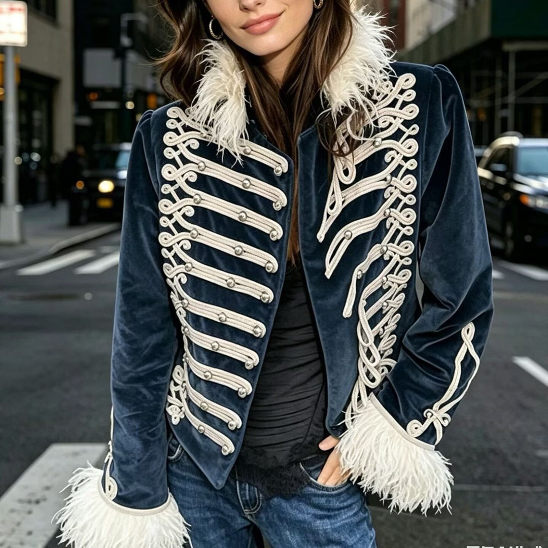 Dam sammet Military jacka med Feather Trim och dekorativ Piping