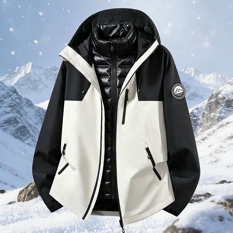 Unisex non-vattentät three-piece softshell jacka med detachable quiltad inner jacka och huva