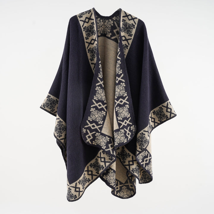 Dam oversized poncho cape tillverkad av ullblandning med woven border jacquard och decorative chain stitch