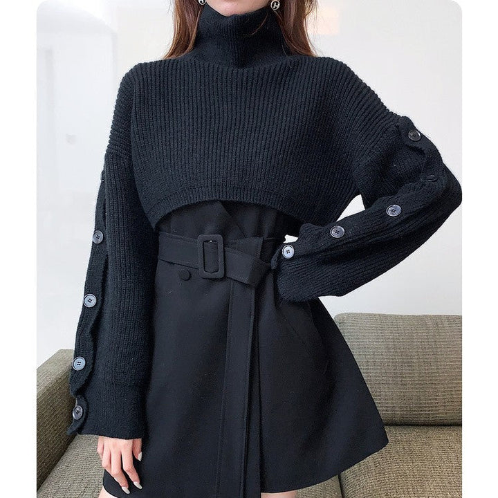 Dam kort-skärning Turtleneck Bolero Wrap med lång ärm knappar