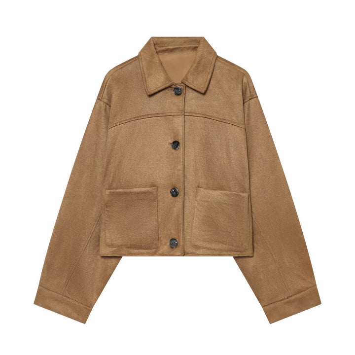 Dam Boxig Jacka i Velvet Look med Patch Fickor