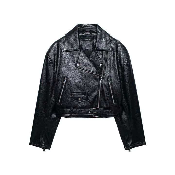 Dam Kort Skärning Biker Läder Jacka med Fitted Belt, Asymmetrisk Dragkedja, och Textured Läder