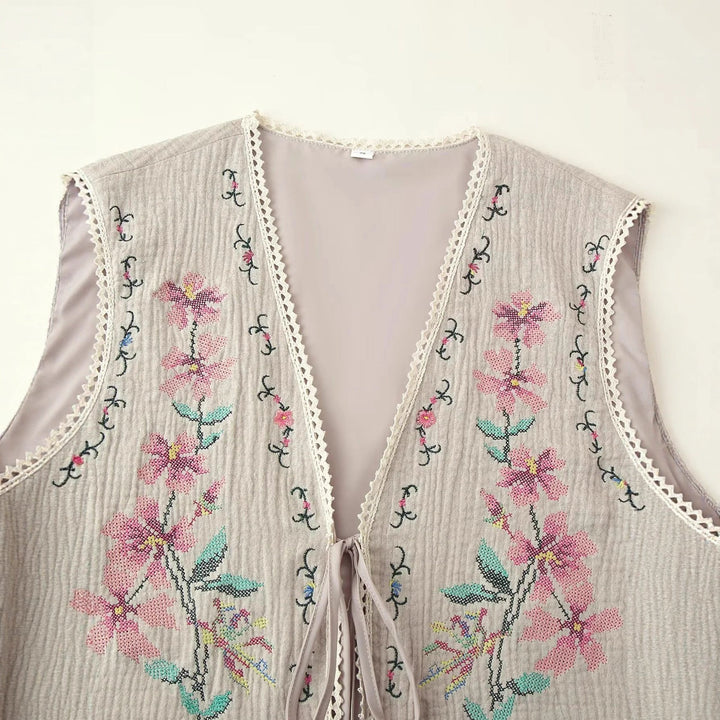 Dam embroidered Boho väst med V-neck, front lacing och fin spets kant