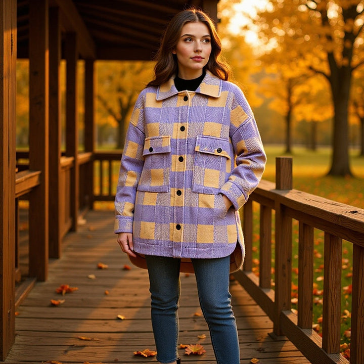 Dam oversize skjortjacka in rutig med stor Flap fickor och Curved fåll