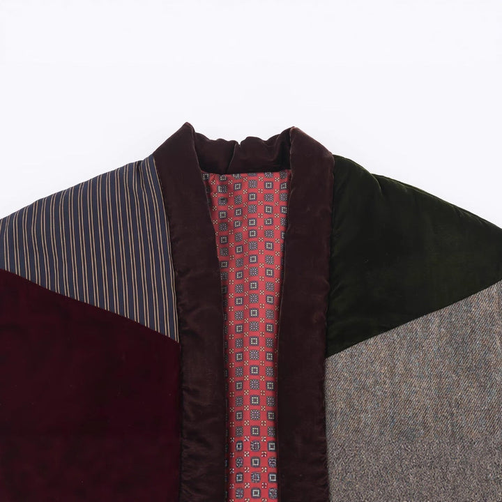 Dam Quiltad Patchwork Väst med Voluminous Sjalrakrage