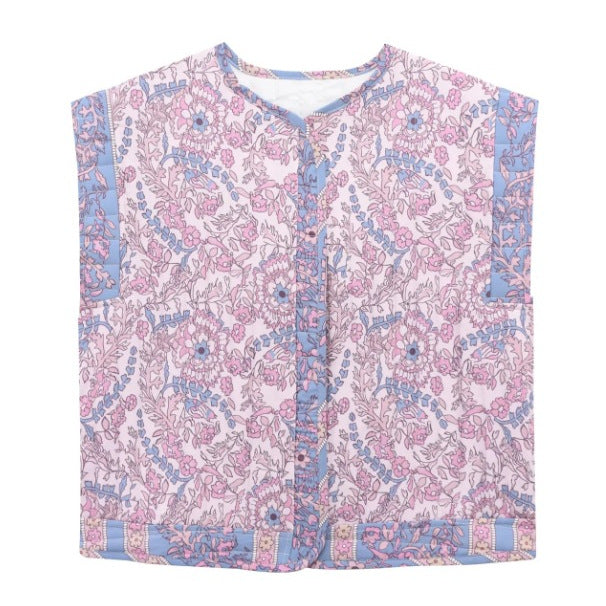 Dam quiltad väst med blommig design och praktiska fickor