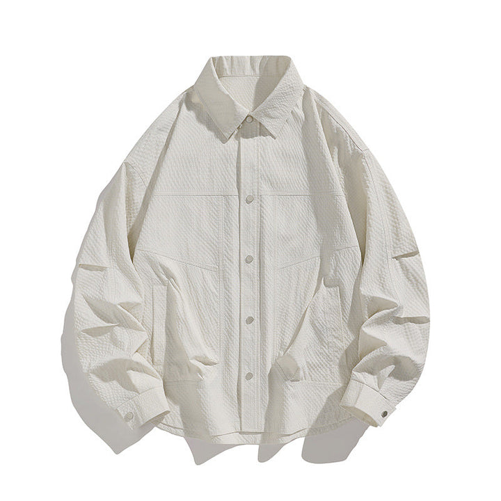 Herr Lätt Oversized Skjortjacka med Tryckknapp Knapp Slå, Strukturerad Tyg &amp; Utanpåfickor