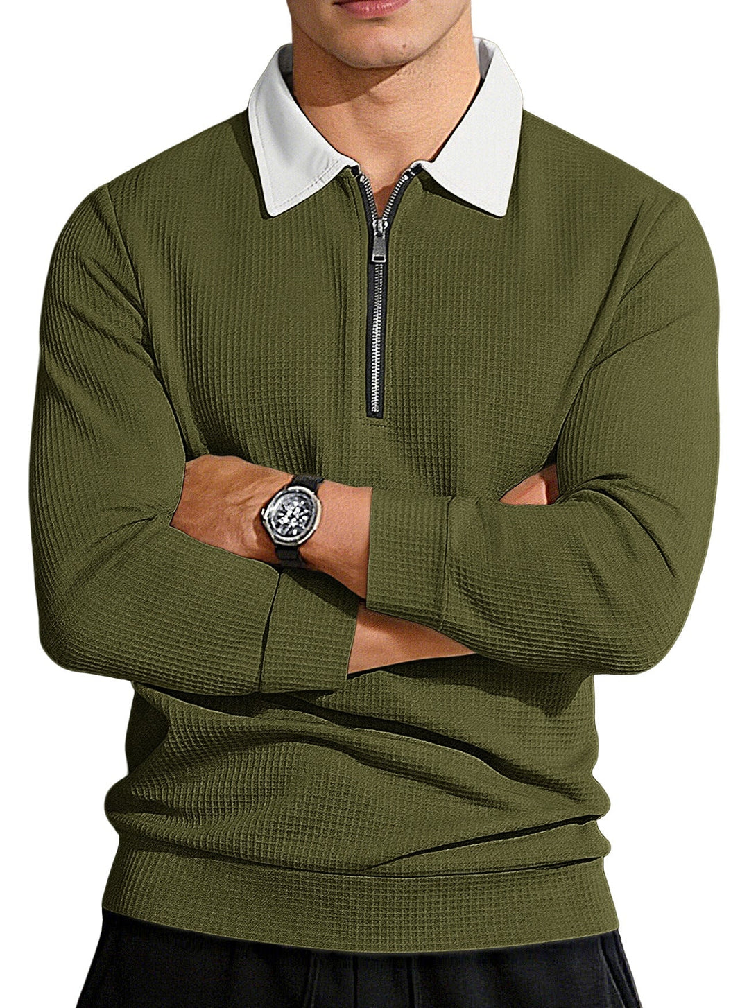 Herr Strukturerad Waffle Stickad Pullover med Polo Krage och Kort Dragkedja