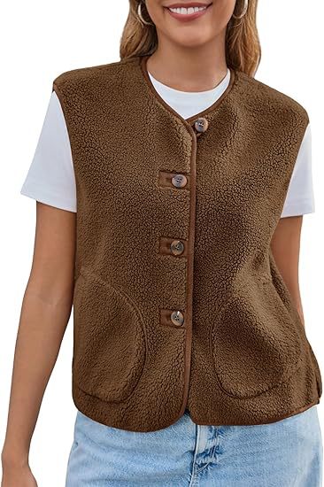 Dam teddy fleece väst med Round Neckline och knapp stängning