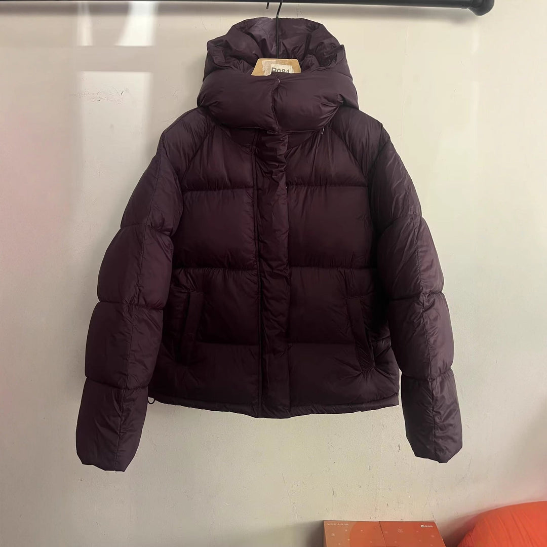 Dam Kort Skärning Oversized Quiltad Jacka med Hög Krage och Huva