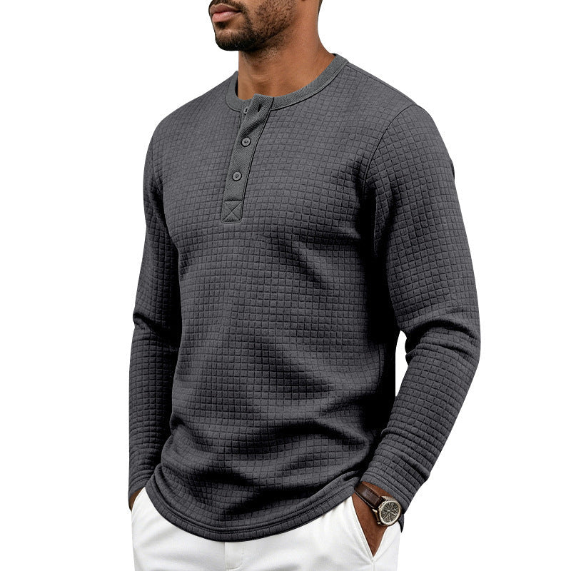 Herr Textured Termisk Henley Lång Ärm Skjorta med Waffle Texture och Rounded Fåll