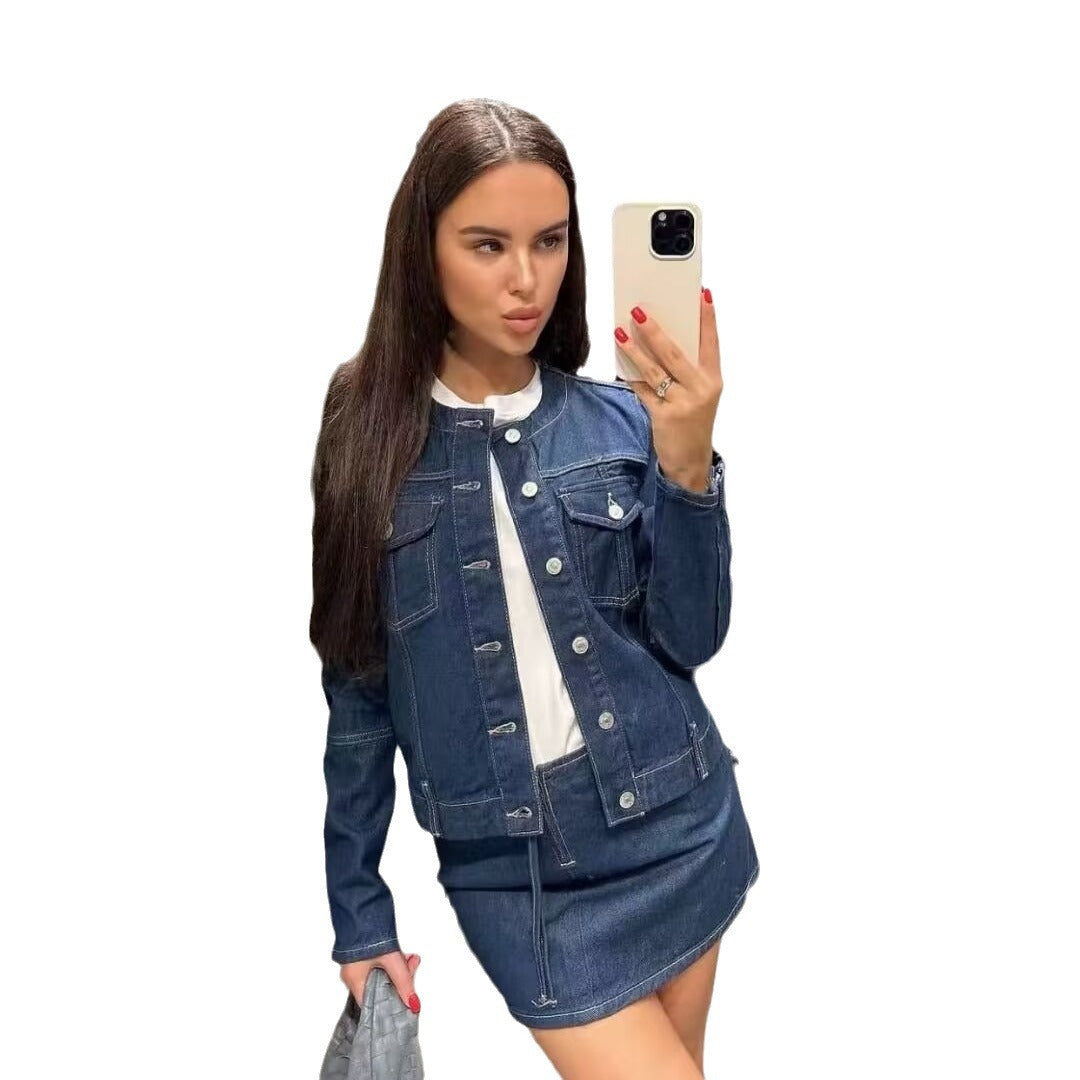 Dam lätt jeansjacka med rund hals, Full knäppning och Patch bröstfickor