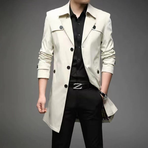 Herr Smal Passform Trenchcoat med Lapel Krage och Subtil Knapplist
