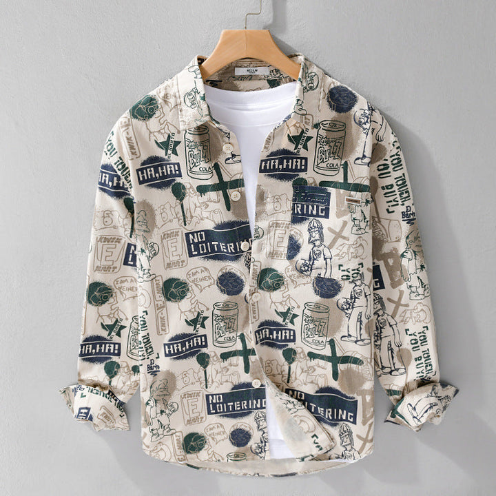 Herr Artistic Grafisk Overshirt i Avslappnad Layering med Allover Sketch Tryck och Soft-Touch Bomull Mix