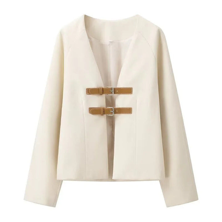 Dam cropped jacka med V-neck, double spännestängning, och boxy silhuett