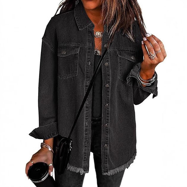 Dam oversize denim skjortjacka med Fringes och bröstfickor