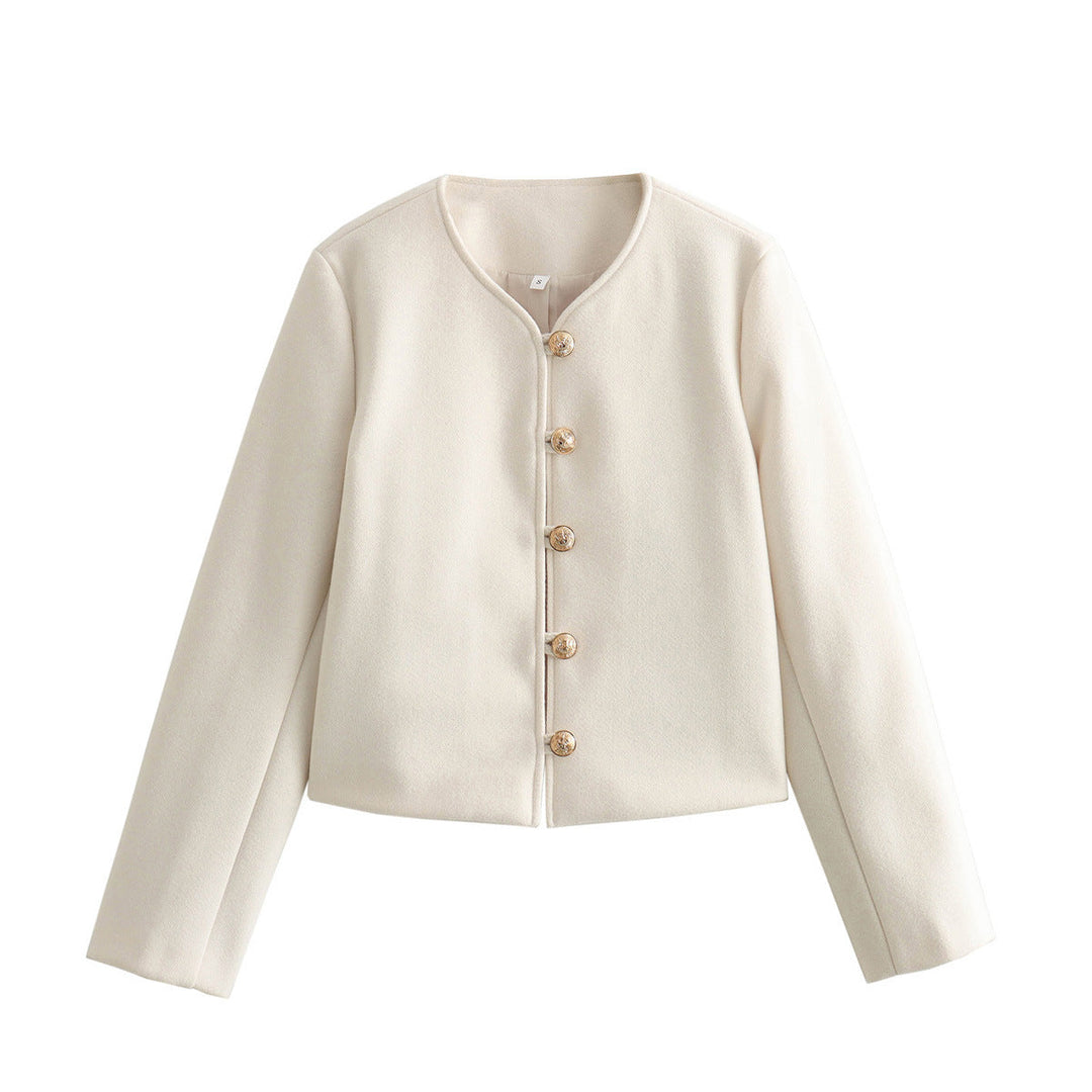 Dam kort skärning ull look jacka med round neckline och decorative metal knäppning