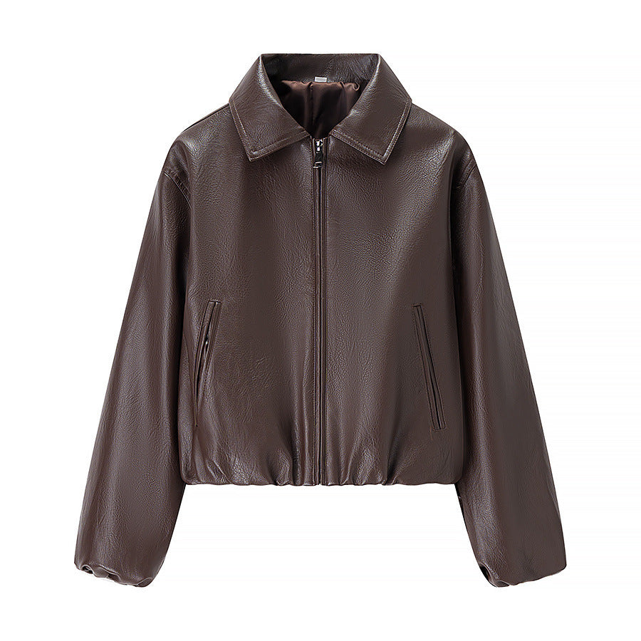 Dam kort skärning läder imitation blouson med dragkedja och elastic fåll
