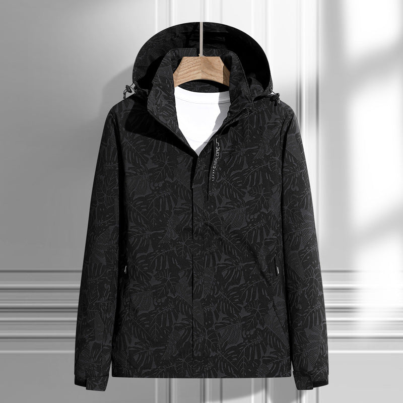 Dam lätt packable regn och wind jacka med huva, leaf mönster och concealed zippers