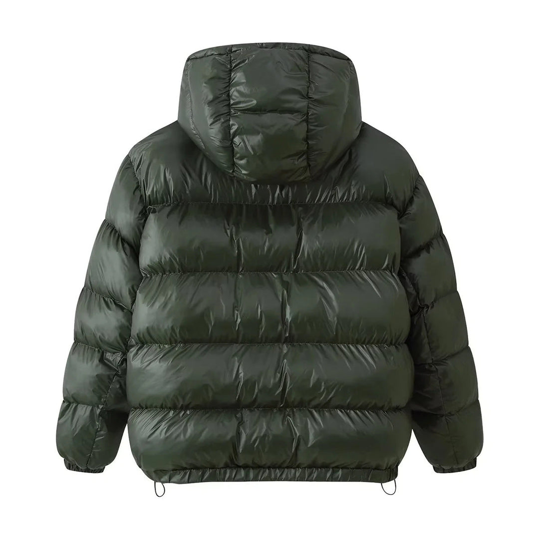 Dam vadderad hooded jacka i down look med drawstring fåll och dragkedja fickor