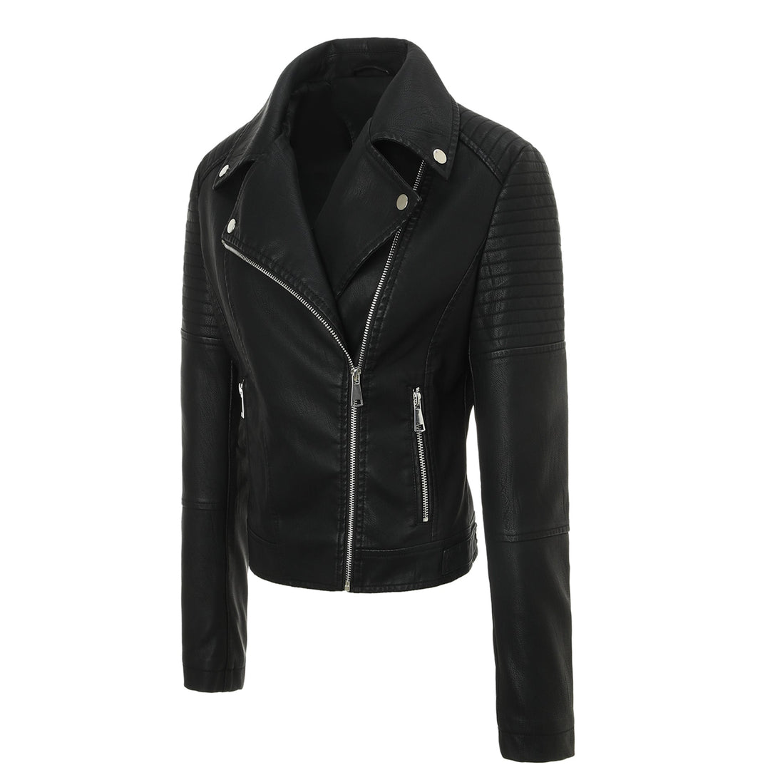 Dam skräddad bikerjacka gjord Leatherette med kviltad Shoulder Area och asymmetrisk dragkedja