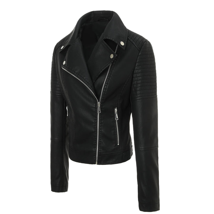 Dam skräddad bikerjacka gjord Leatherette med kviltad Shoulder Area och asymmetrisk dragkedja
