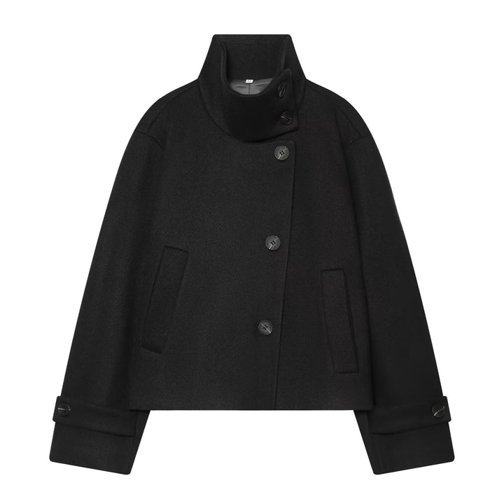 Dam Kort Ull Blouson Kappa med Hög Stå Krage och Knapp Knäppning