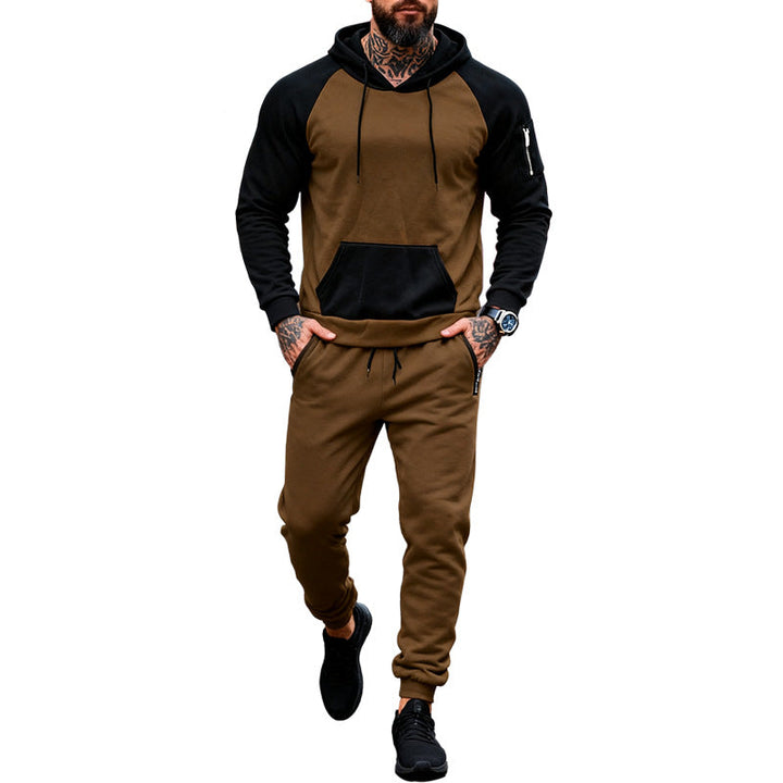 Herr Two-Piece med Huva Sweat Set med Raglanärmar, Ärm Dragkedja Ficka, och Tapered Jogging Byxor