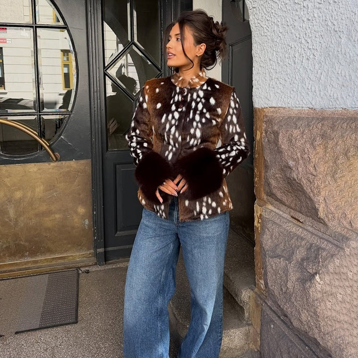 Dam skräddad kort jacka med Leopard tryck och Faux Fur muddar