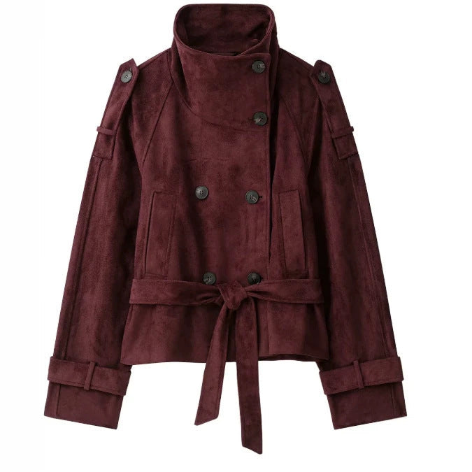 Dam Kort Jacka Tillverkad av Suede Imitation med Hög Stå Krage och Tie Belt