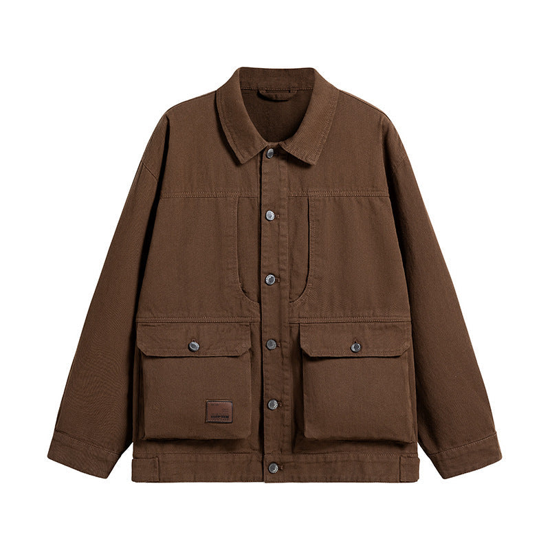 Herr Oversize Canvas Utilityjacka med Applied Multi-Functional Fickor och Tryckknappslå