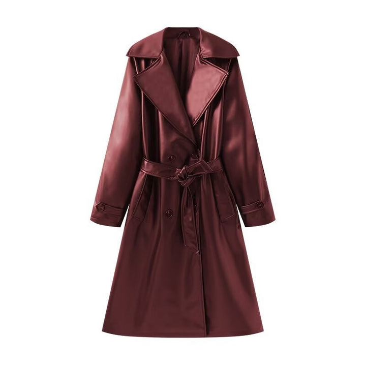 Dam Lång Shiny Trenchcoat Övergångsjacka i Läder Look med Midjebälte