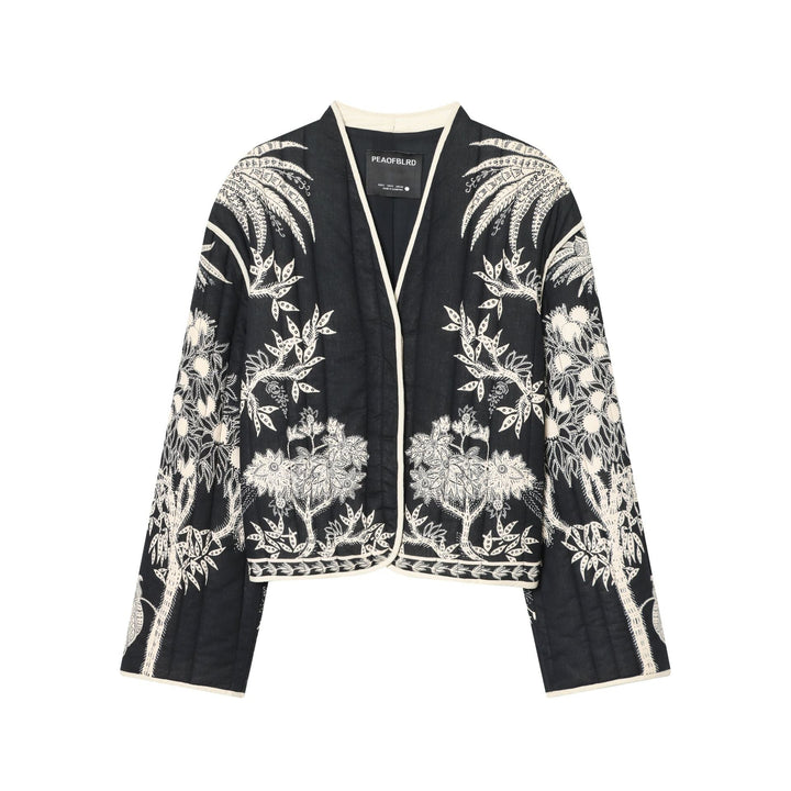 Dam kimono-stil quiltad jacka med floral embroidery och kontrast piping