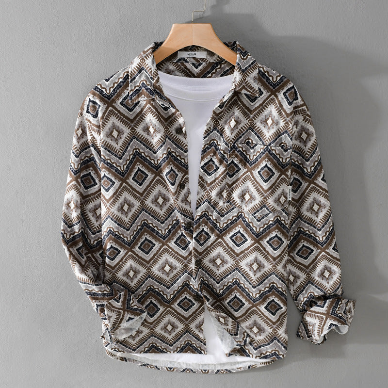 Herr Patterned Overshirt i Avslappnad Passform med Geometrisk Diamant Tryck och Bröstficka