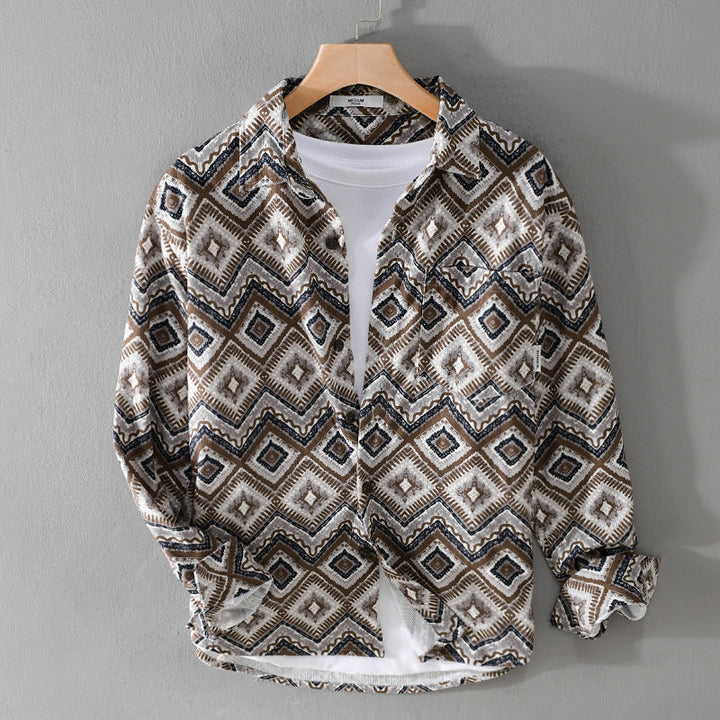 Herr Patterned Overshirt i Avslappnad Passform med Geometrisk Diamant Tryck och Bröstficka