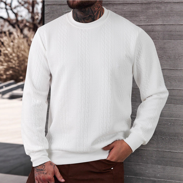 Herr Textured Round Neck College-Tröja med Fin Waffle Structure och Ribbstickade Muddar