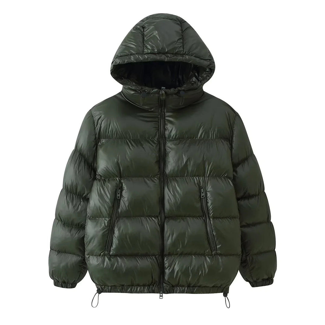 Dam vadderad hooded jacka i down look med drawstring fåll och dragkedja fickor