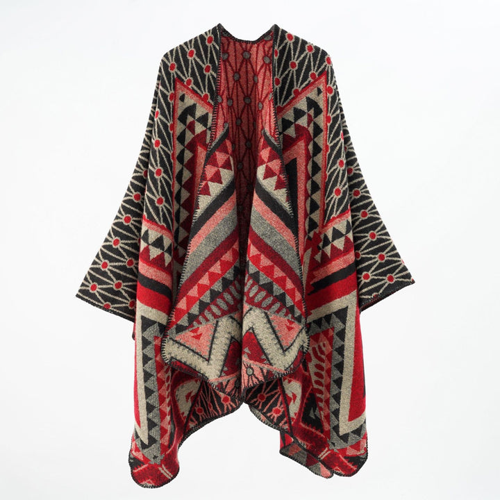 Dam Structured Jacquard poncho Overlay med Graphic Ethno mönster och Open kimono Fall