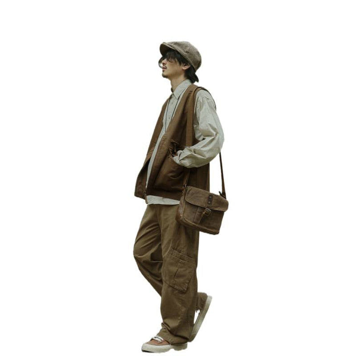 Herr Multifunctional Canvas Utility Väst med Fram Fickor och Dragkedja