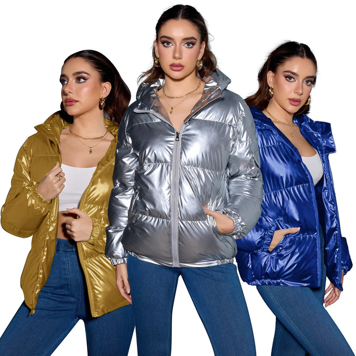 Dam glansig oversized vadderad jacka med huva &amp; elastiska muddar