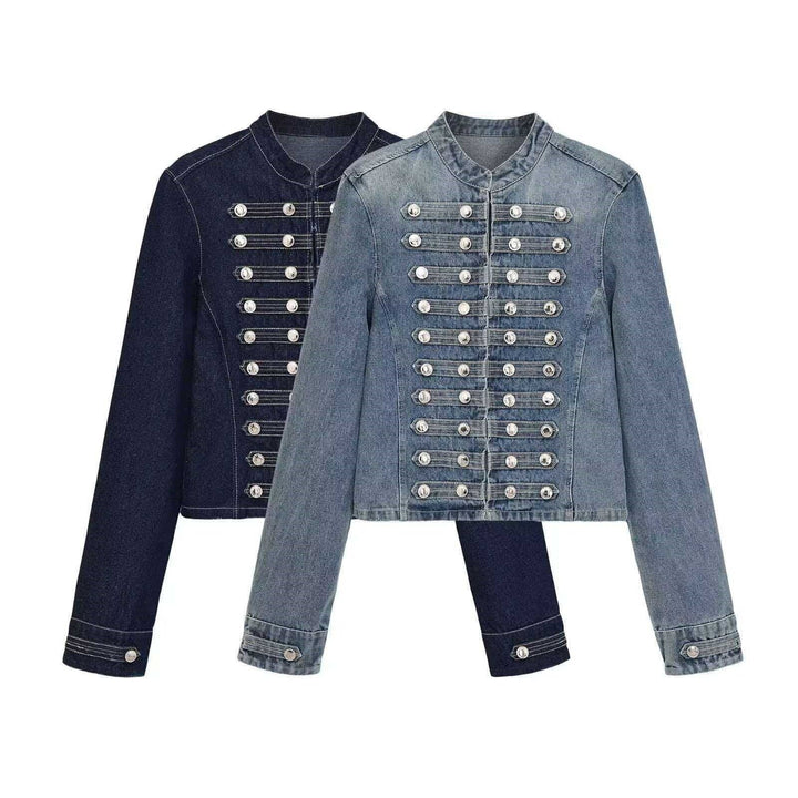 Dam denimjacka in military stil med row knappar och ståkrage