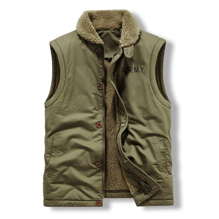 Herr Sleeveless Termisk Väst i Militär Stil med Teddyfoder och Stående Krage