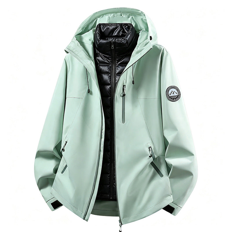 Unisex non-vattentät three-piece softshell jacka med detachable quiltad inner jacka och huva