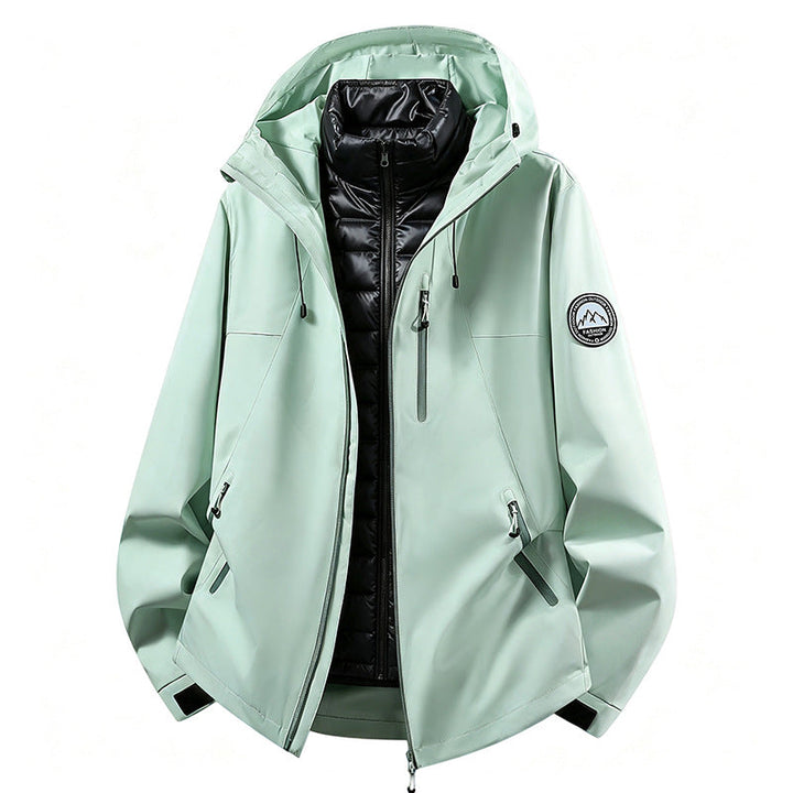 Unisex non-vattentät three-piece softshell jacka med detachable quiltad inner jacka och huva