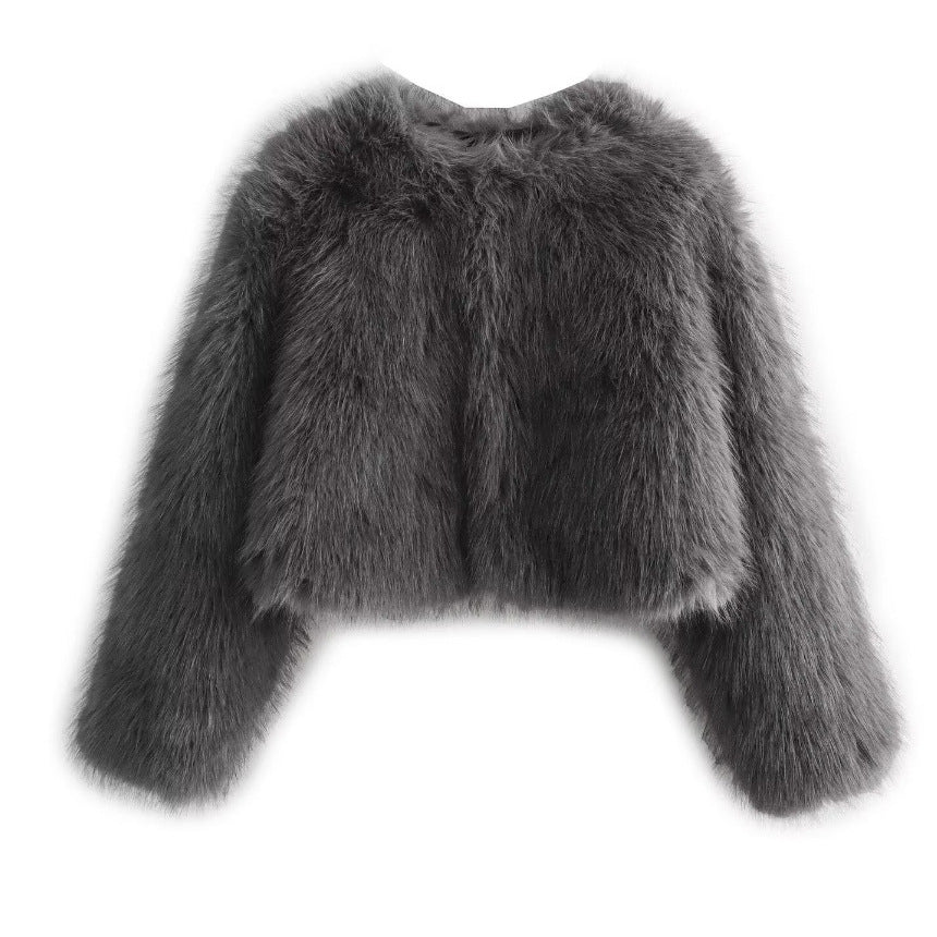 Dam Kort Faux Fur Jacka med Voluminous Ärmar och Round Neckline
