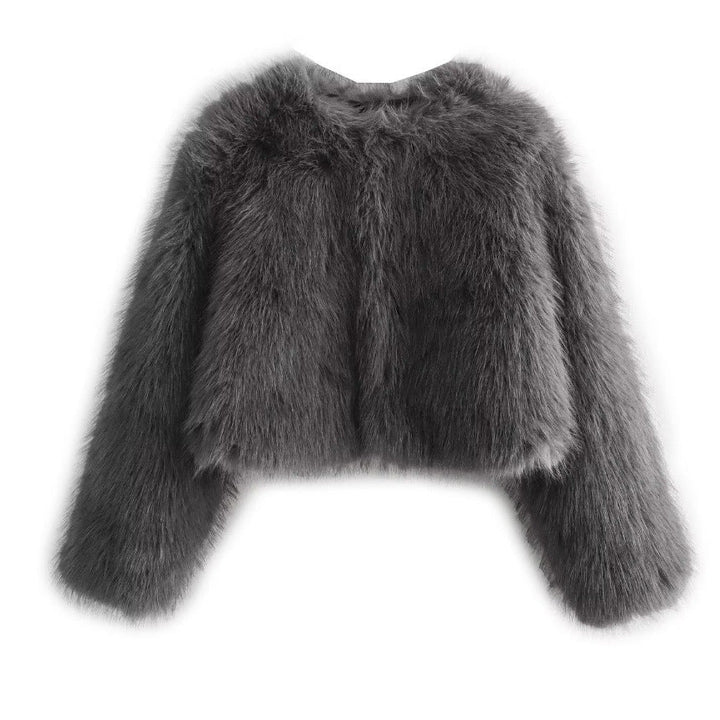 Dam Kort Faux Fur Jacka med Voluminous Ärmar och Round Neckline