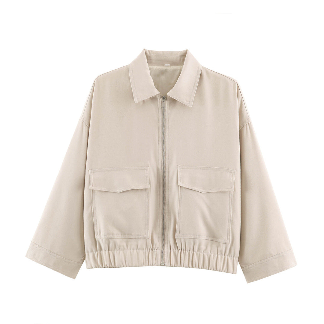 Dam Oversize Kort Jacka med Metal Dragkedja, Stora Lock Fickor och Elastic Nederkant