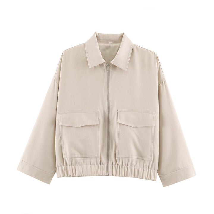 Dam Oversize Kort Jacka med Metal Dragkedja, Stora Lock Fickor och Elastic Nederkant