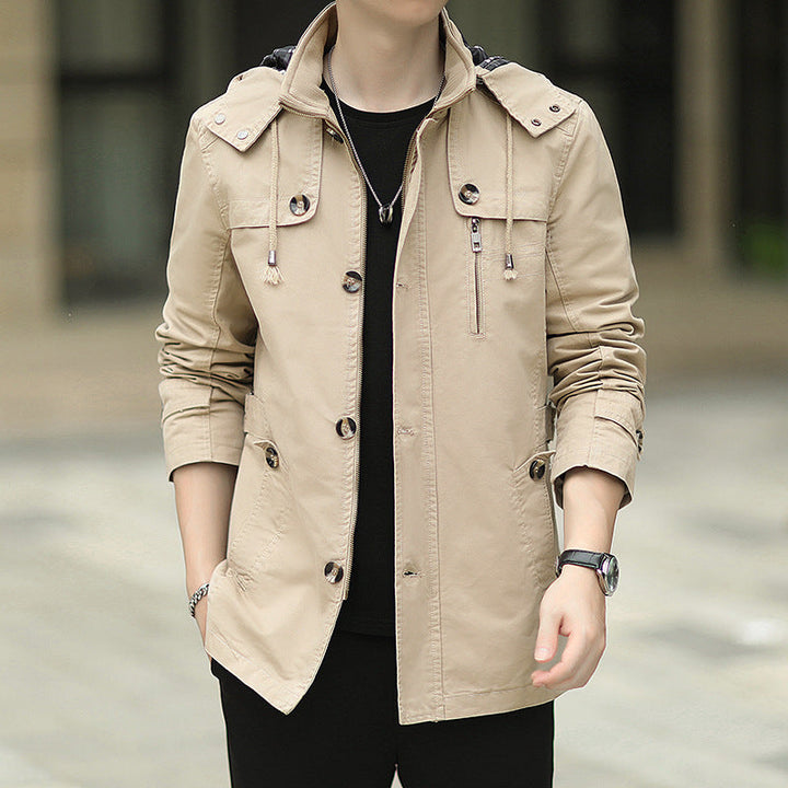 Herr Lätt Canvas Fält Parka med Huva, Bröst Zip och Justerbar Midja Tabs