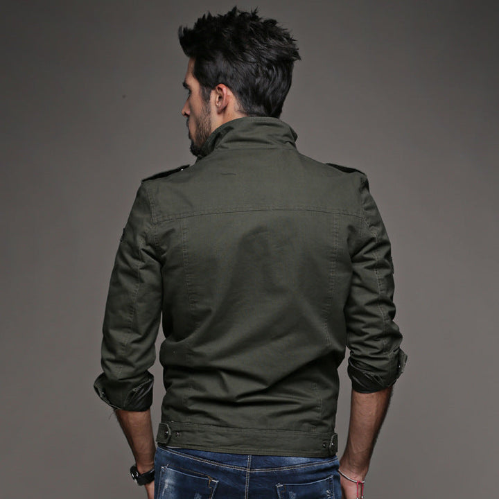 Herr Robust Canvas Fältjacka med Stående Krage, Axel Patches och Multifunctional Fickor